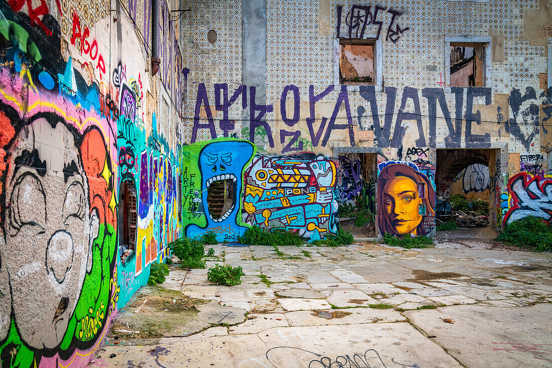 Graffiti at Arialva on the banks of the Tagus, Lisbon, Portugal, Europe