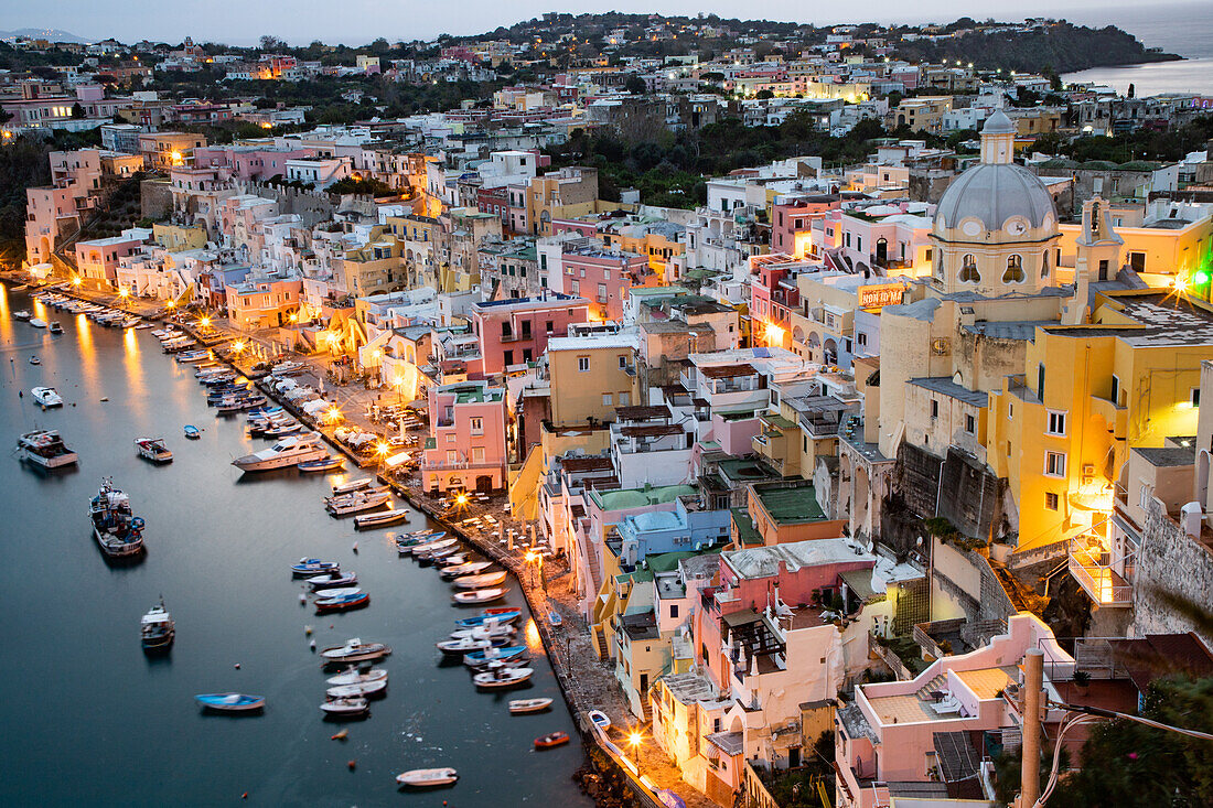 Beautiful Italian island of Procida, famous for its colorful marina, tiny narrow streets and many beaches, Procida, Flegrean Islands, Campania, Italy, Europe