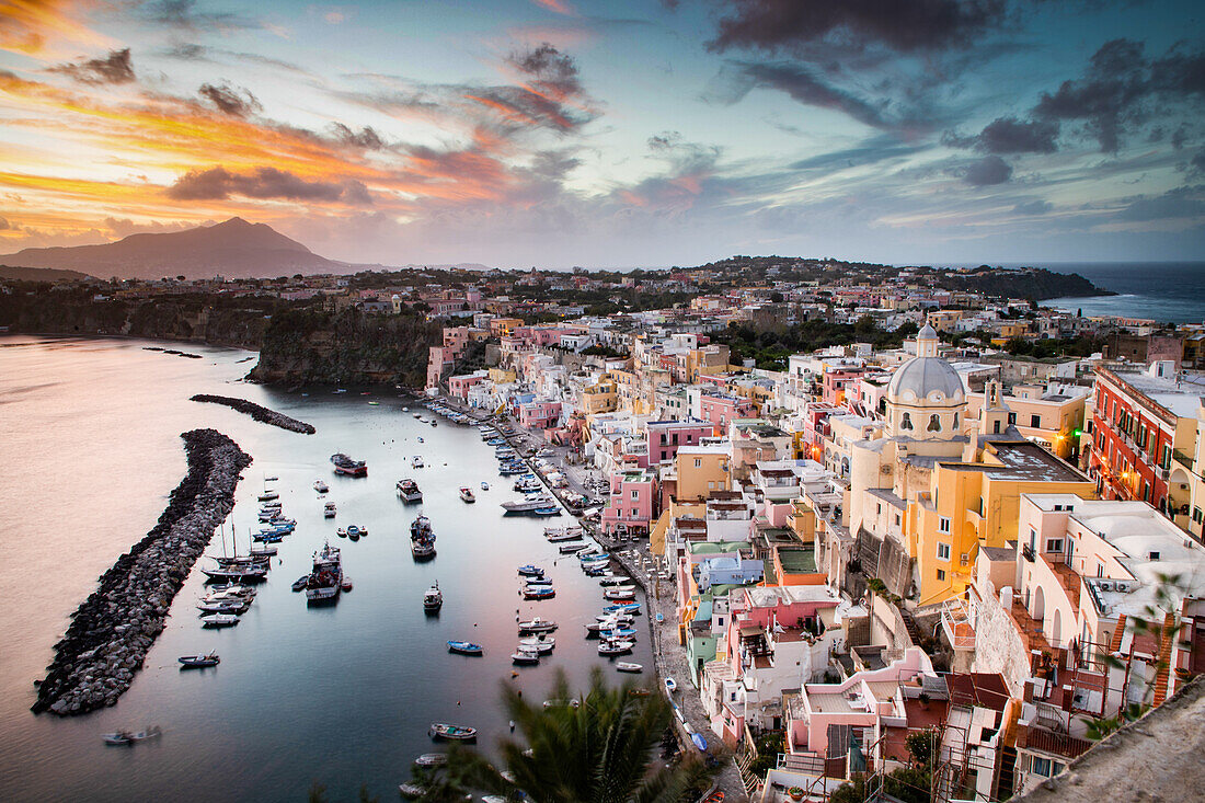 Beautiful Italian island of Procida famous for its colorful marina, tiny narrow streets and many beaches, Procida, Flegrean Islands, Campania, Italy, Europe
