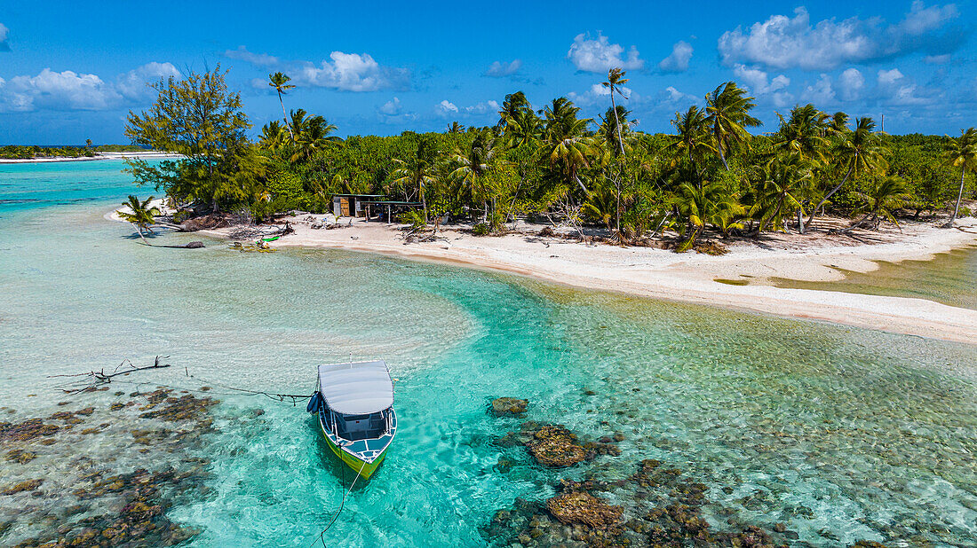 Aerial of the Blue Lagoon, Rangiroa atoll, Tuamotus, French Polynesia, South Pacific, Pacific