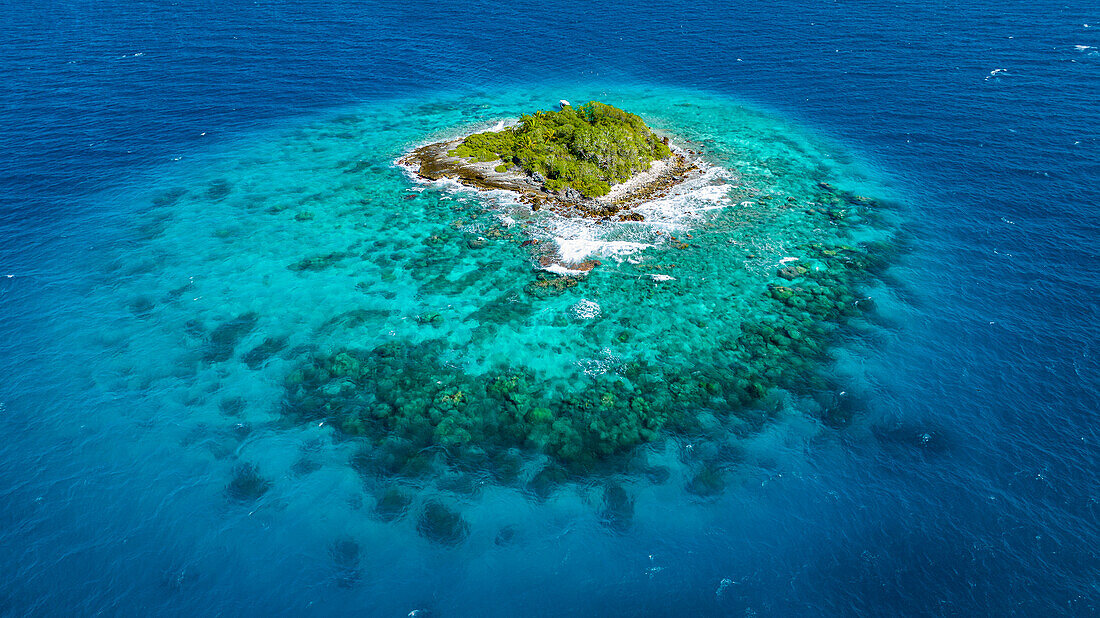 Aerial of a small island in the lagoon of the Rangiroa atoll, Tuamotus, French Polynesia, South Pacific, Pacific