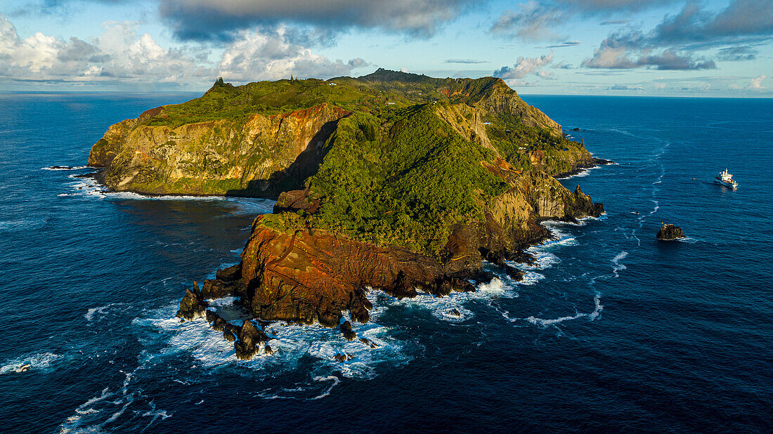 Aerial of Pitcairn island with St. Pauls Pool, British Overseas Territory, South Pacific, Pacific