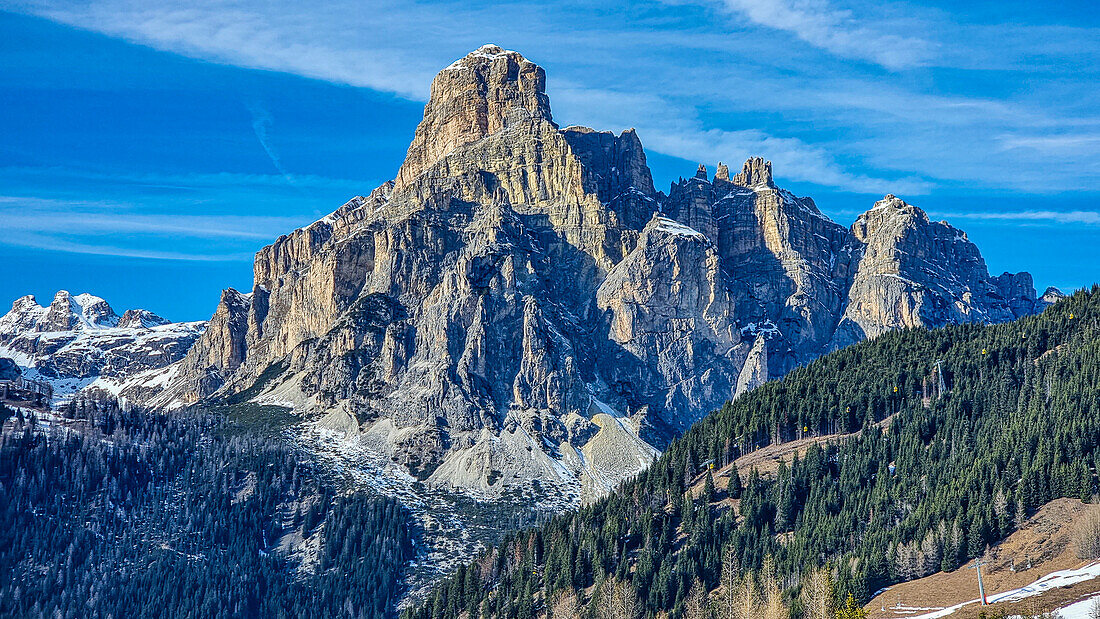 Sassongher mountain above Corvara, Dolomites National Park, UNESCO World Heritage Site, South Tyrol, Italy, Europe