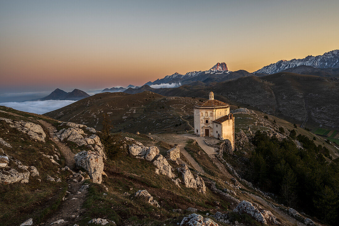 Santa Maria della Pieta church with view of Gran Sasso, Calascio, L'Aquila, Abruzzo, Italy, Europe