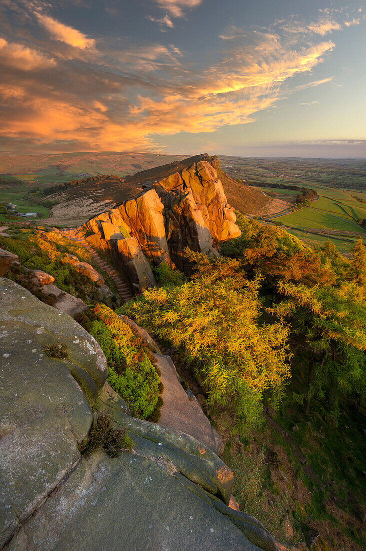 Sunset view of Hen Cloud, The Roaches, Peak District, Staffordshire, England, United Kingdom, Europe
