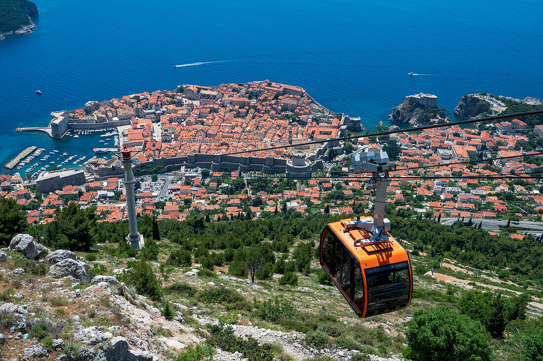 Elevated view of the Old Tow, UNESCO World Heritage Site, with cable car, Dubrovnik, Croatia, Europe