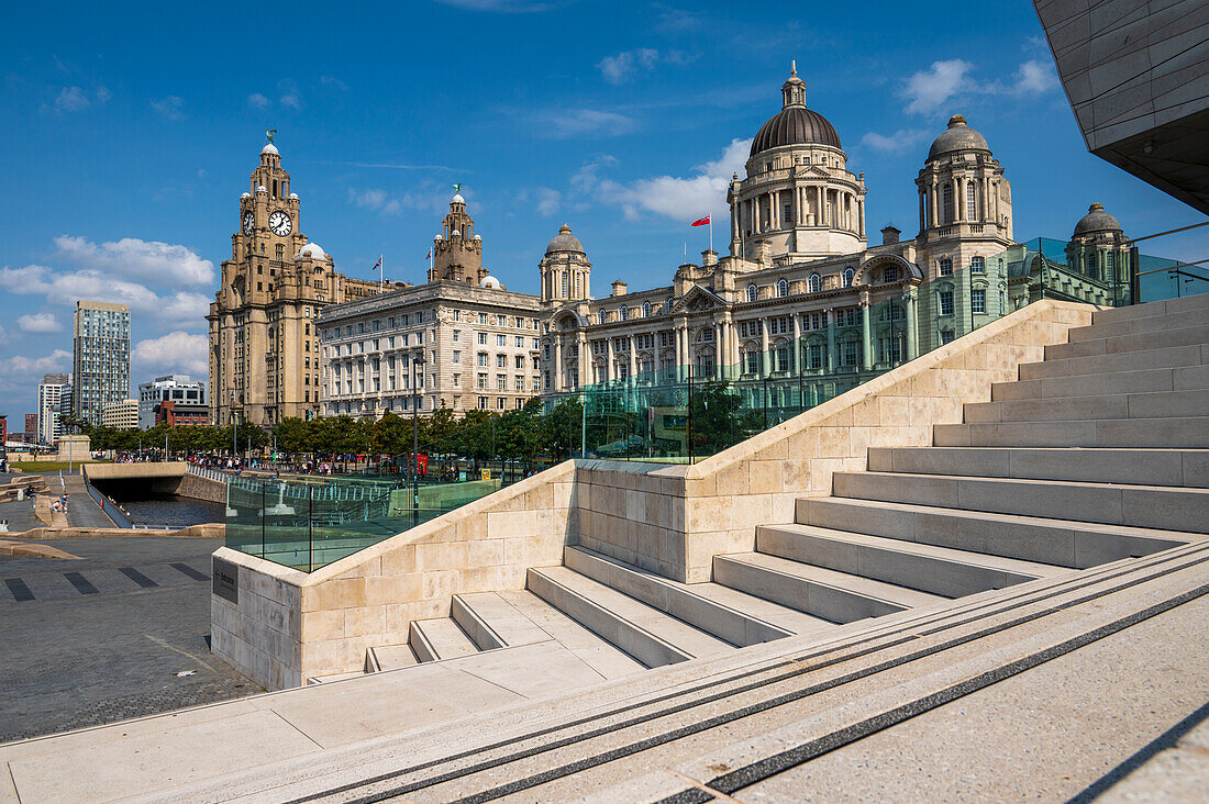 The Three Graces on the Liverpool waterfront, Liverpool, Merseyside, England, United Kingdom, Europe