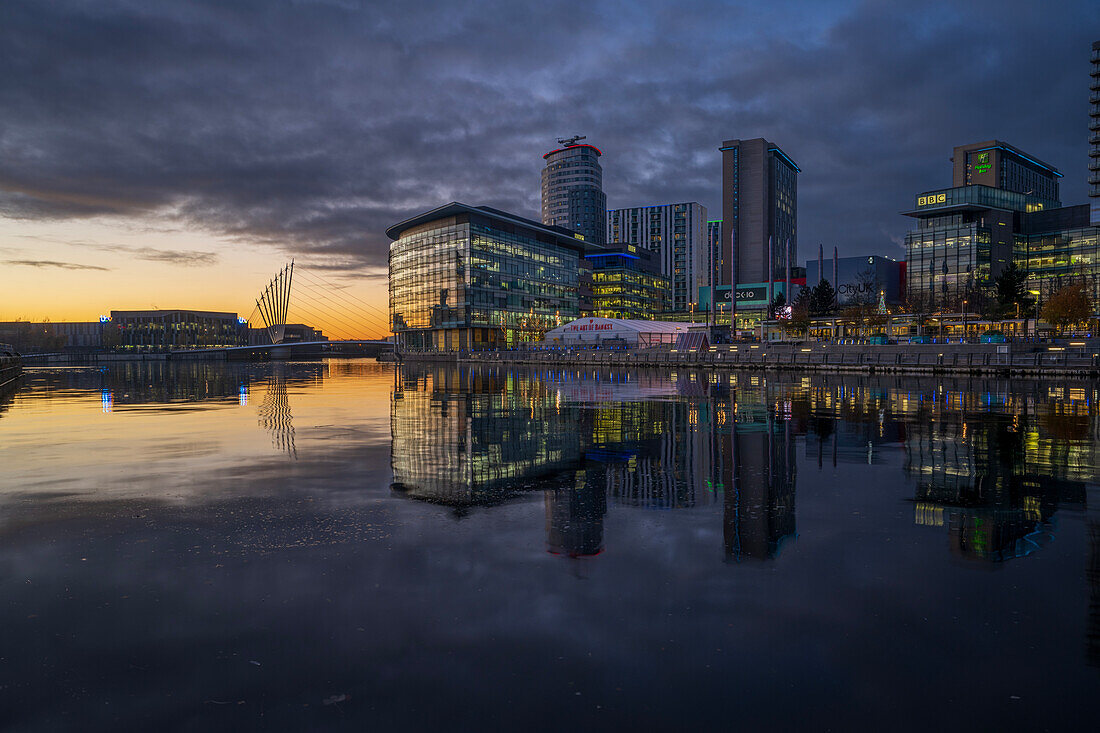 Media City UK at night, Salford Quays, Manchester, England, United Kingdom, Europe