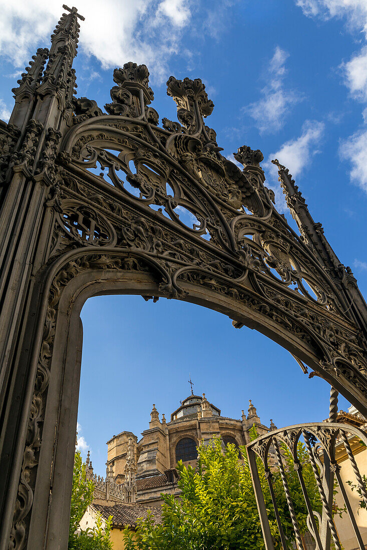 Granada Cathedral seen from the entrance gate to Oficios Street, Granada, Andalusia, Spain, Europe