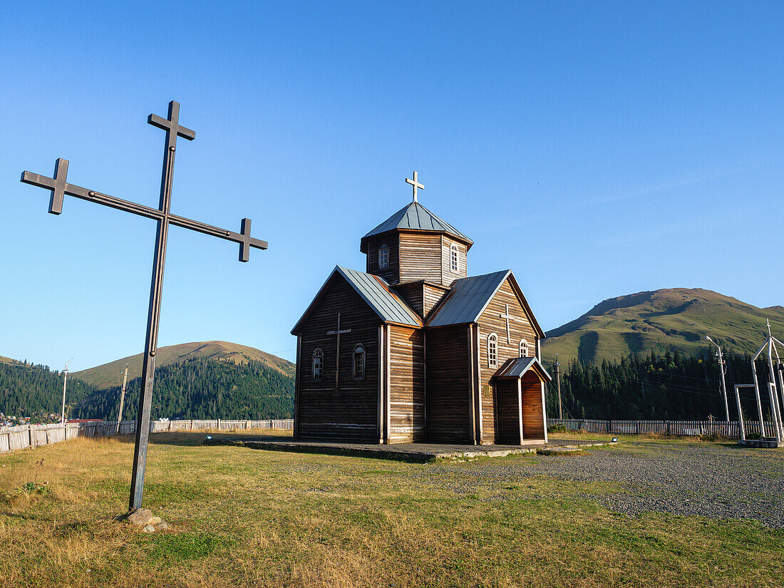 The wooden Church of Bakhmaro, a renowned summer retreat situated at 2000m asl in the mountains of Guria, Georgia (Sakartvelo), Central Asia, Asia