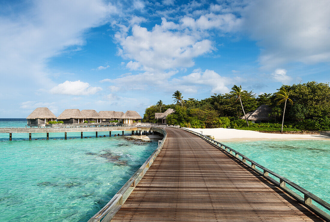 A wooden jetty in a luxury resort, Baa Atoll, Maldives, Indian Ocean, Asia