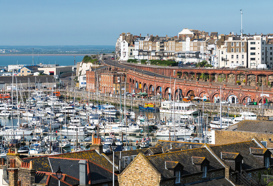 View towards Royal Harbour Marina and Harbour Arches, Ramsgate, Kent, England, United Kingdom, Europe