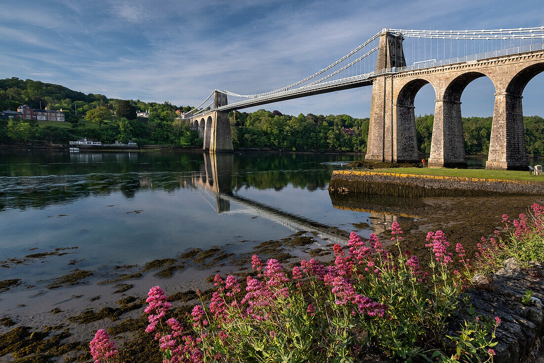 The Menai Suspension Bridge crossing the Menai Strait in summer, Anglesey, North Wales, United Kingdom, Europe