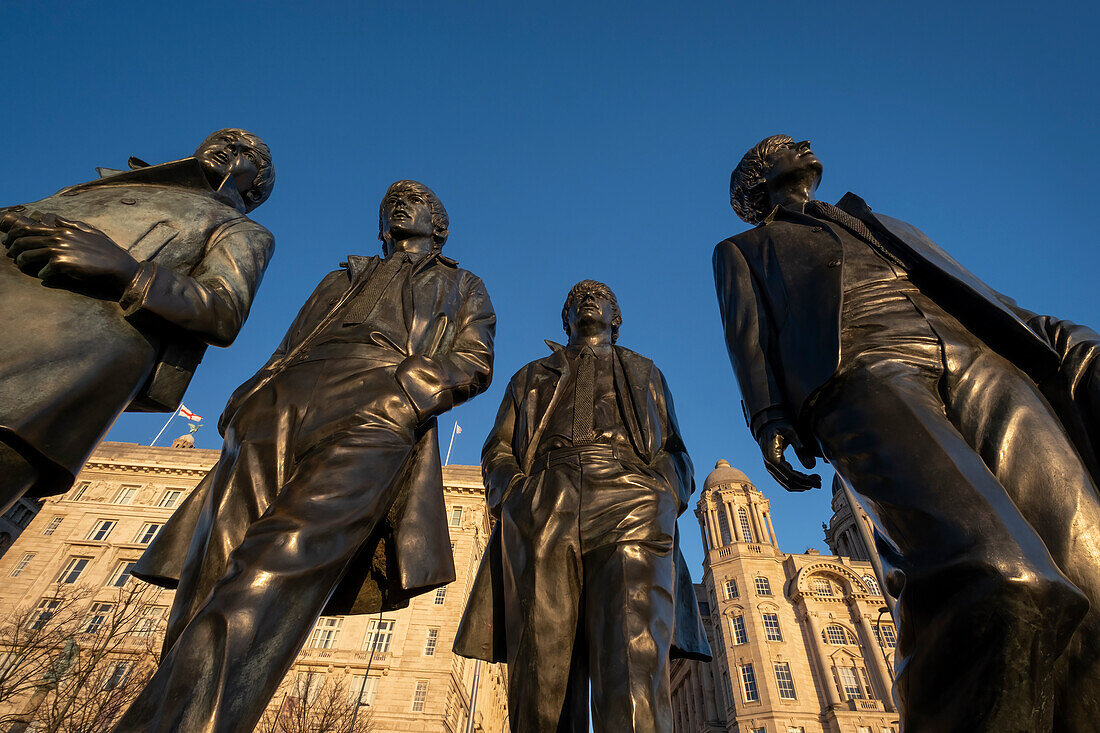The Beatles Statue at the Pier Head, Liverpool Waterfront, Liverpool, Merseyside, England, United Kingdom, Europe