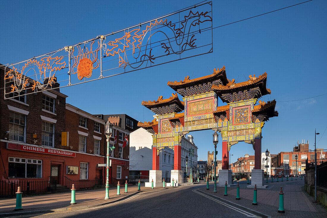 The Imperial Arch entrance to Liverpool's China Town, Nelson Street, China Town, Liverpool, Merseyside, England, United Kingdom, Europe