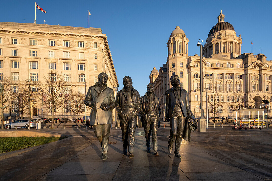 The Beatles Statue at the Pier Head, Liverpool Waterfront, Liverpool, Merseyside, England, United Kingdom, Europe