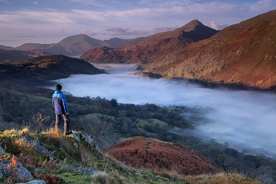 Walker looking out over the peak of Yr Aran and a fog filled Nant Gwynant Valley, Nant Gwynant, Eryri, Snowdonia National Park, North Wales, United Kingdom, Europe