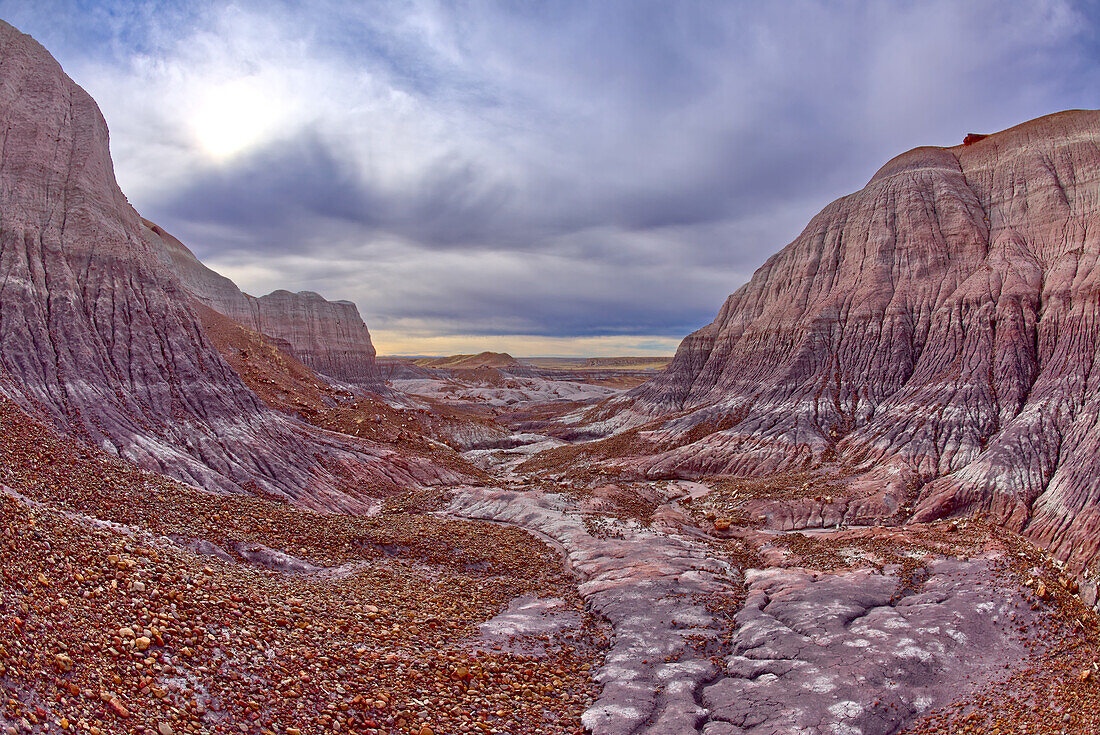 View from the end of a small box canyon on the west side of Lower Blue Mesa at Petrified Forest National Park, Arizona, United States of America, North America