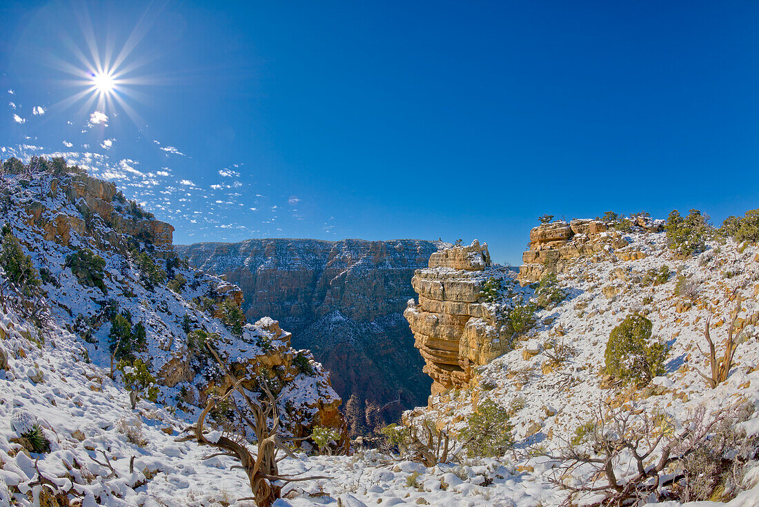 Ancient Indian ruins on a small rock island just right of center along the Palisades of the Desert at Grand Canyon, UNESCO World Heritage Site, Arizona, United States of America, North America