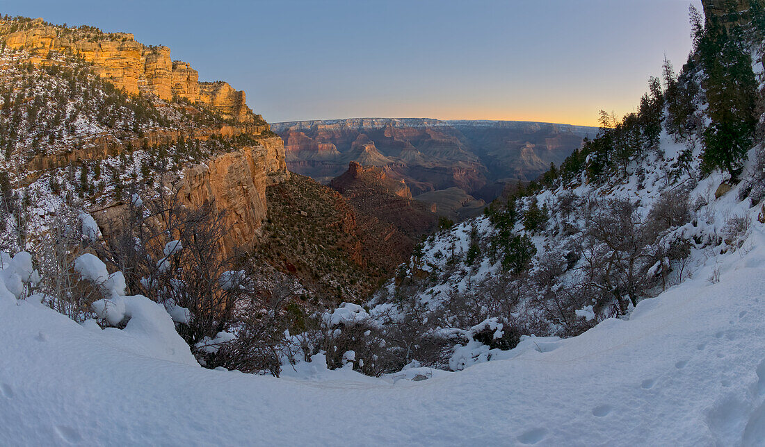 A winter dawn view of Grand Canyon from Bright Angel Trail on the South Rim, Grand Canyon National Park, UNESCO World Heritage Site, Arizona, United States of America, North America