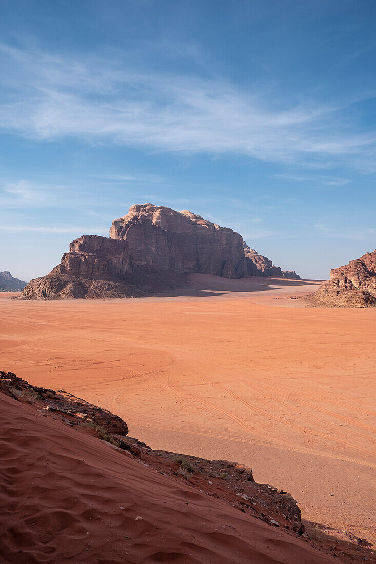 Wadi Rum desert plain from a sand dune, UNESCO World Heritage Site, Jordan, Middle East