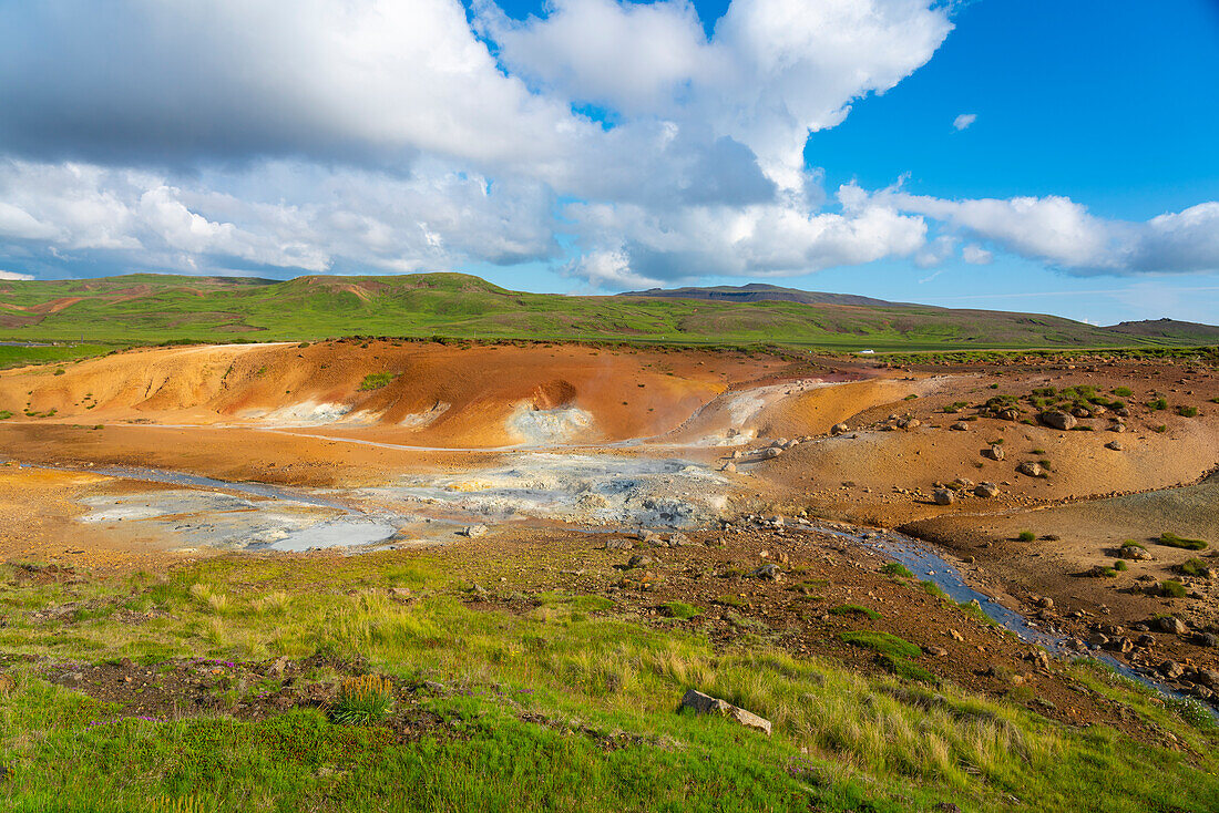 Stream, geothermal area and hot springs at Seltun Hot Springs, Krysuvik, The Capital Region, Iceland, Polar Regions