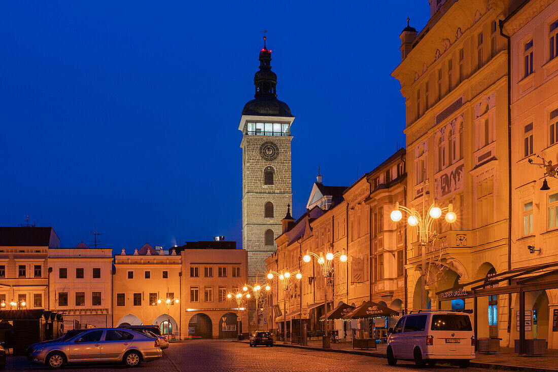 Black Tower of Ceske Budejovice and Namesti Premysla Otakara II at twilight, South Bohemian Region, Czech Republic (Czechia), Europe