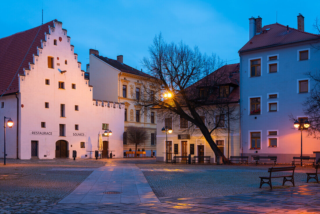 Historic building named Solnice on Piaristicke namesti at twilight, Ceske Budejovice, South Bohemian Region, Czech Republic (Czechia), Europe