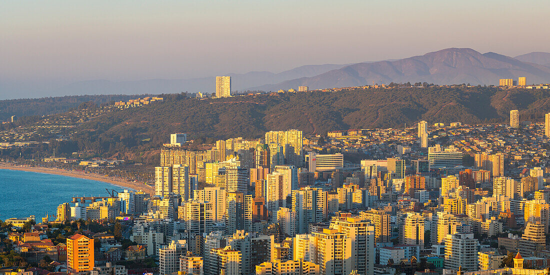 Elevated view of Vina del Mar coastal city at sunset seen from Mirador Pablo Neruda, Vina del Mar, Chile, South America