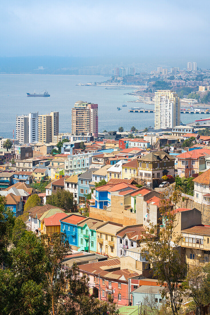 Colorful houses and coastline, Valparaiso, Chile, South America