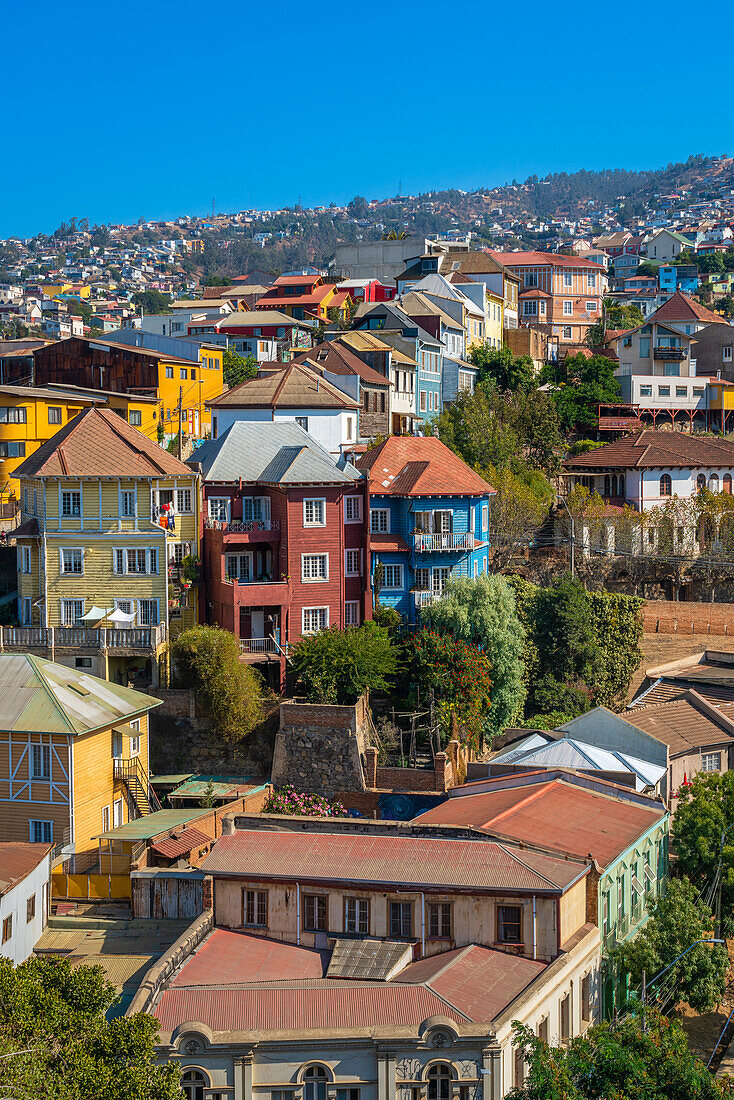Colorful houses in town on sunny day, Cerro San Juan de Dios, Valparaiso, Chile, South America