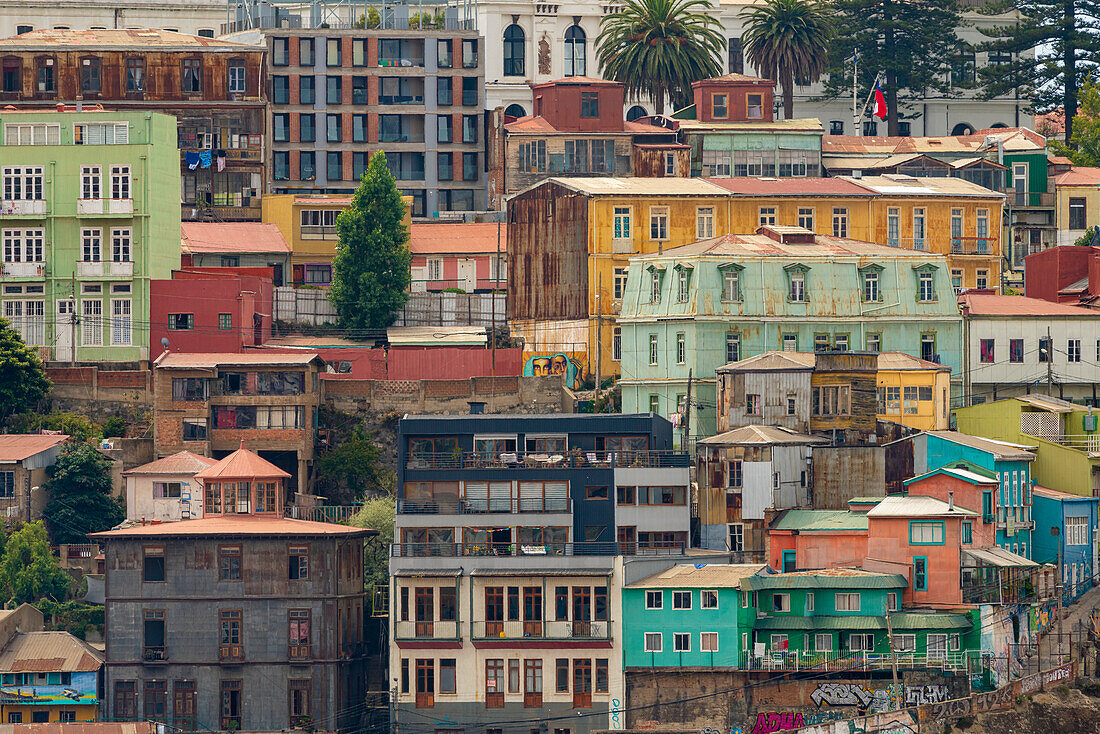 Detail of colorful houses of Valparaiso on hill in Playa Ancha, Valparaiso, Chile, South America
