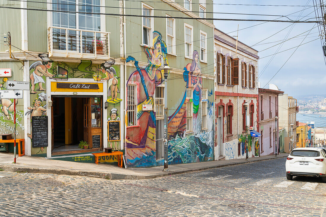 Painted mural of cafe, Cerro Alegre, Valparaiso, Chile, South America