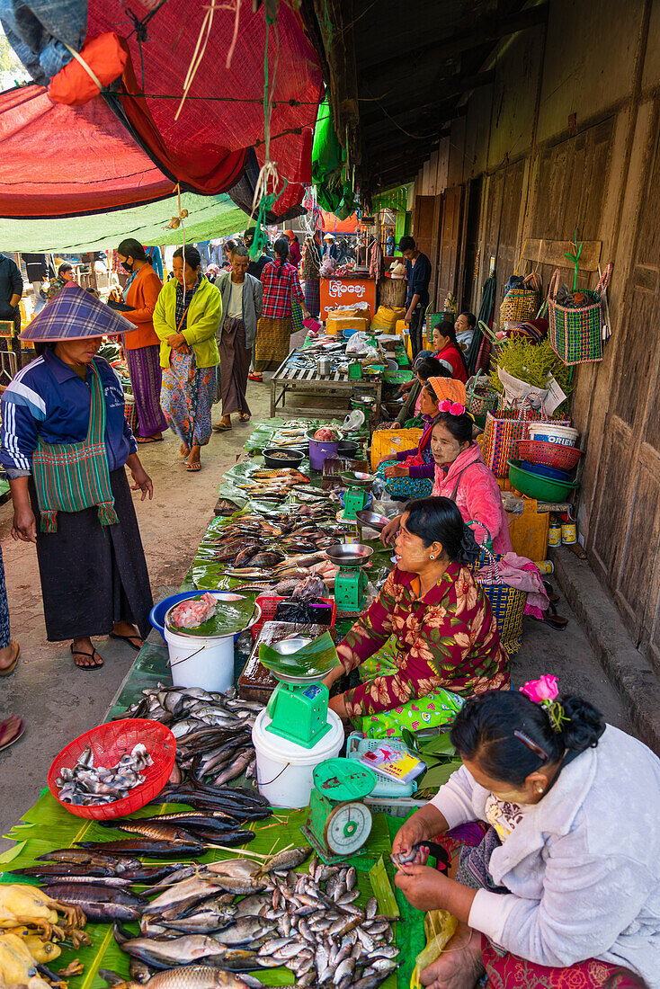 Birmesische Frauen verkaufen Fisch auf dem lokalen Markt, Inle-See, Nyaungshwe, Shan-Staat, Myanmar (Burma), Asien