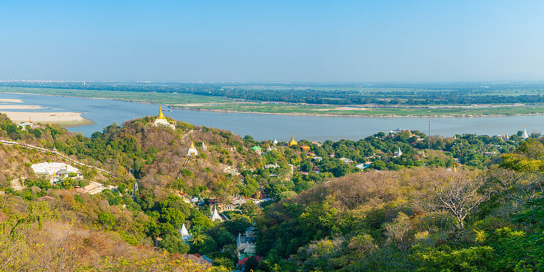 View of pagodas at Sagaing Hill and Irrawaddy River, Mandalay, Myanmar (Burma), Asia