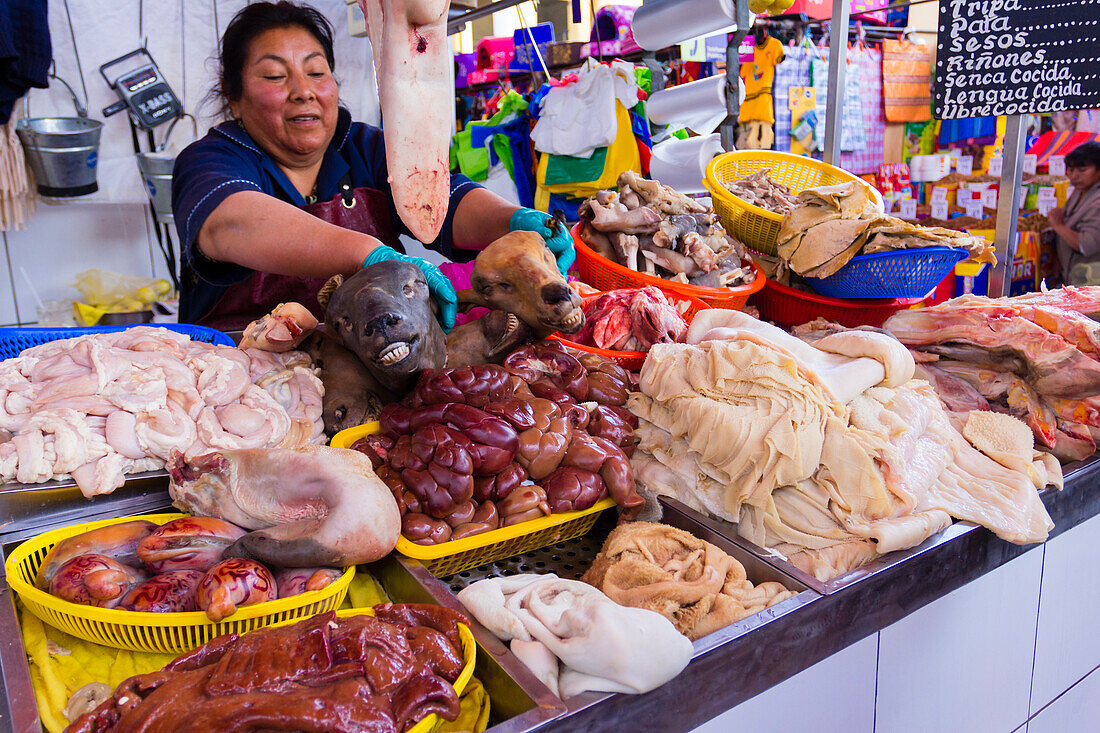 Butcher shop at San Camilo market, Arequipa, Peru, South America