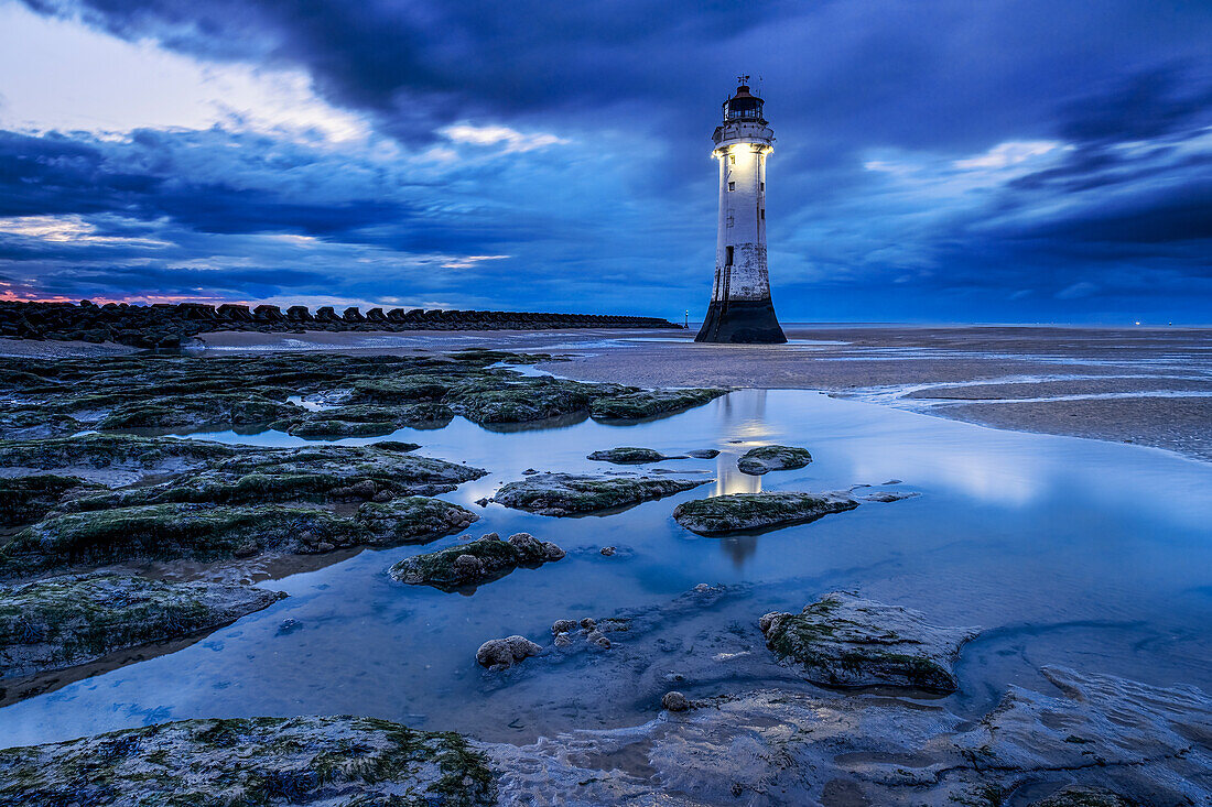 Perch Rock Lighthouse and the sands of New Brighton at twilight, New Brighton, The Wirral, Merseyside, England, United Kingdom, Europe