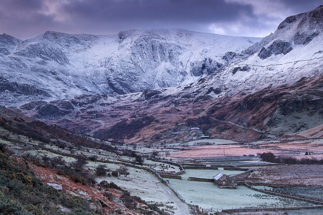 Frosty morning in the Nant Ffrancon valley backed by the Glyderau Mountains, Snowdonia National Park, Eryri, North Wales, United Kingdom, Europe