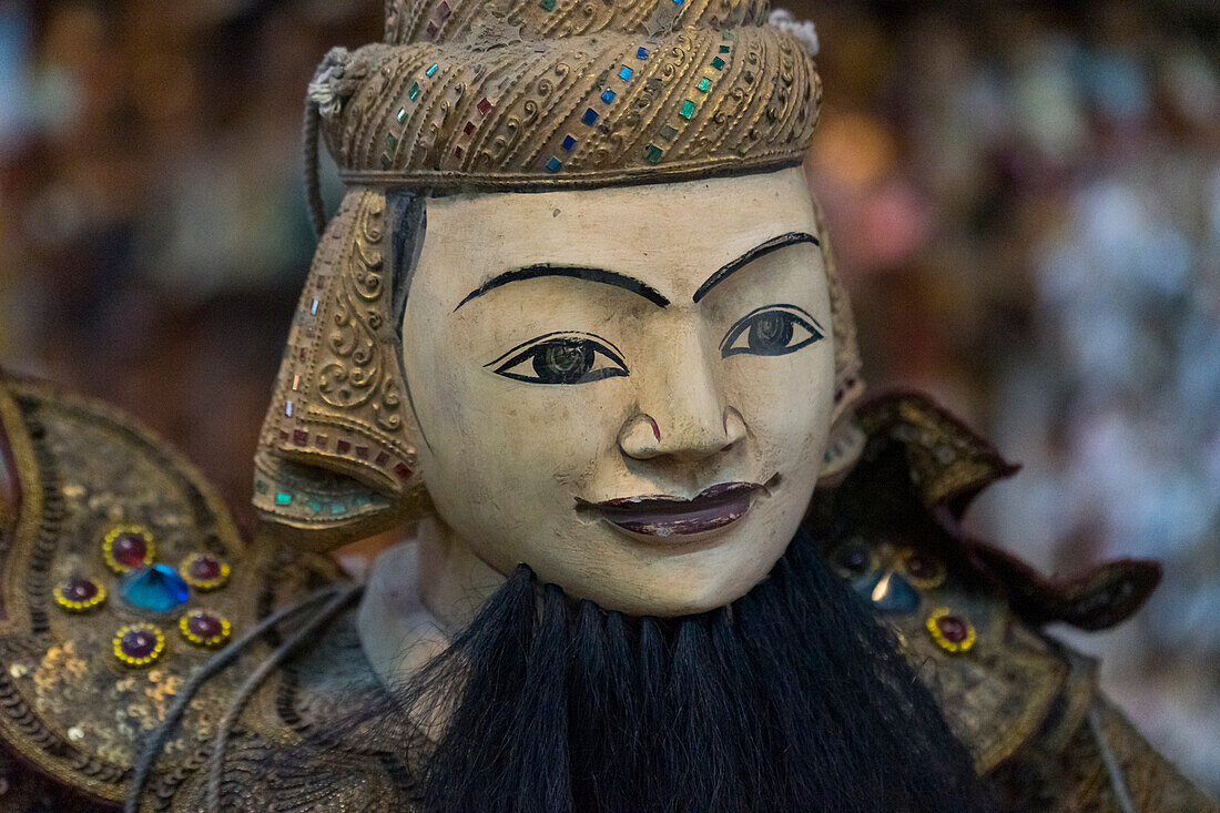 Close-up of Burmese puppet (Yoke the) (marionette) hanging from strings on market, Nyaungshwe, Lake Inle, Shan State, Myanmar (Burma), Asia