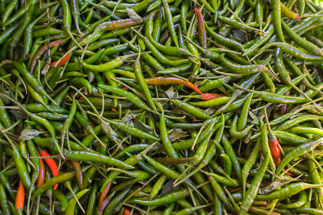 Detail von grünen Chilischoten auf dem Markt, Hsipaw, Shan-Staat, Myanmar (Birma), Asien