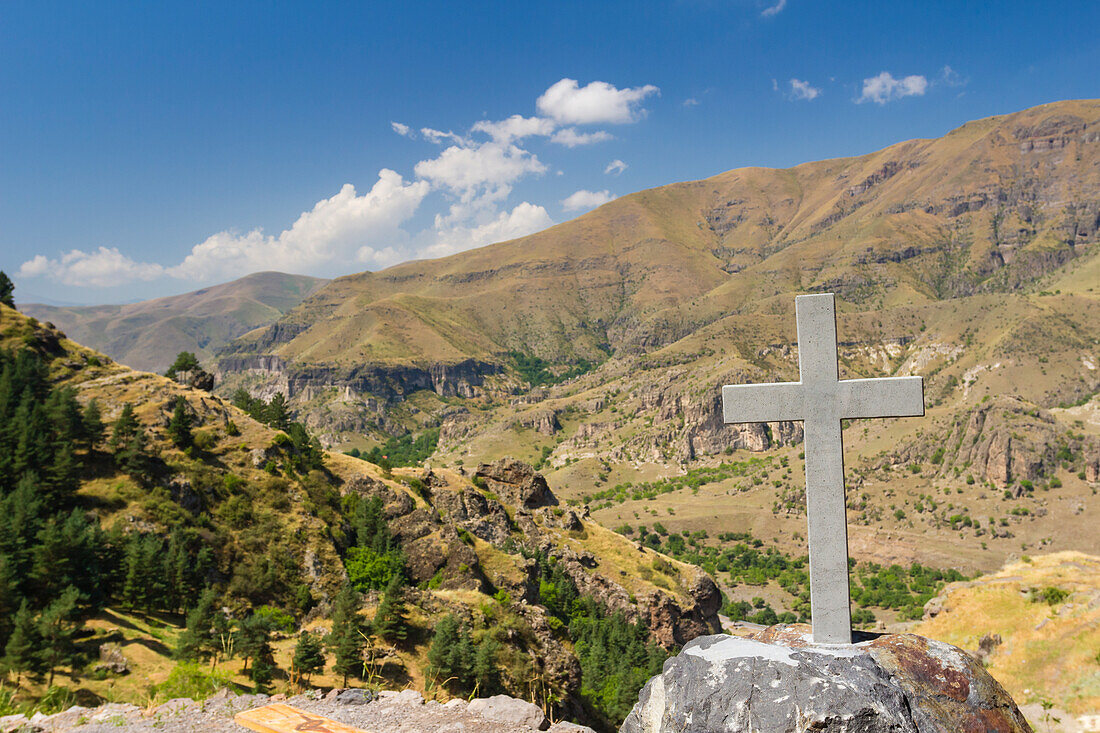 Cross made of stone at church built on in the rock in Vanis Kvabebi Monastery near Vardzia, Aspindza, Samtskhe-Javakheti, Georgia, Central Asia, Asia