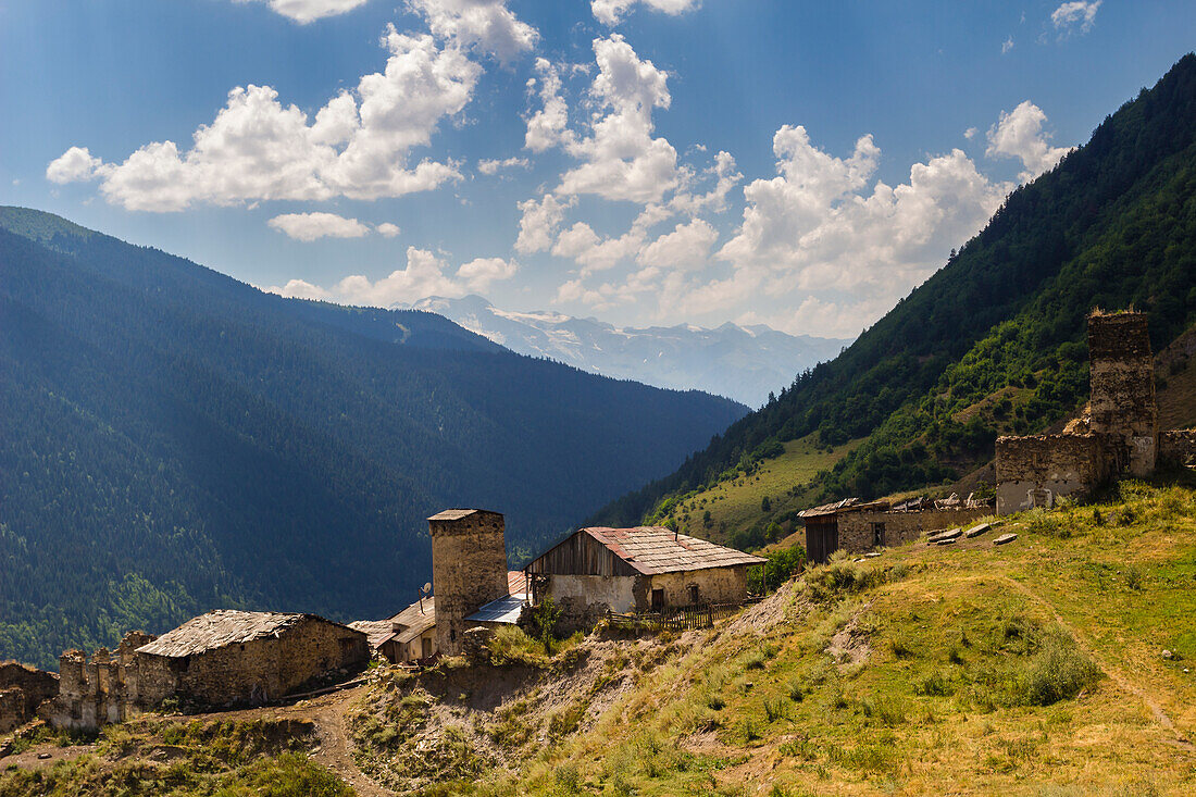Settlement with medieval tower in Svaneti mountains near Mestia, Georgia, Central Asia, Asia