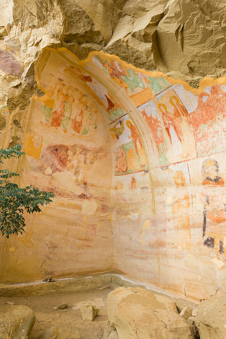 Medieval frescos on wall, David Gareja Monastery complex, Sagarejo Municipality, Kakhetia, Georgia, Central Asia, Asia