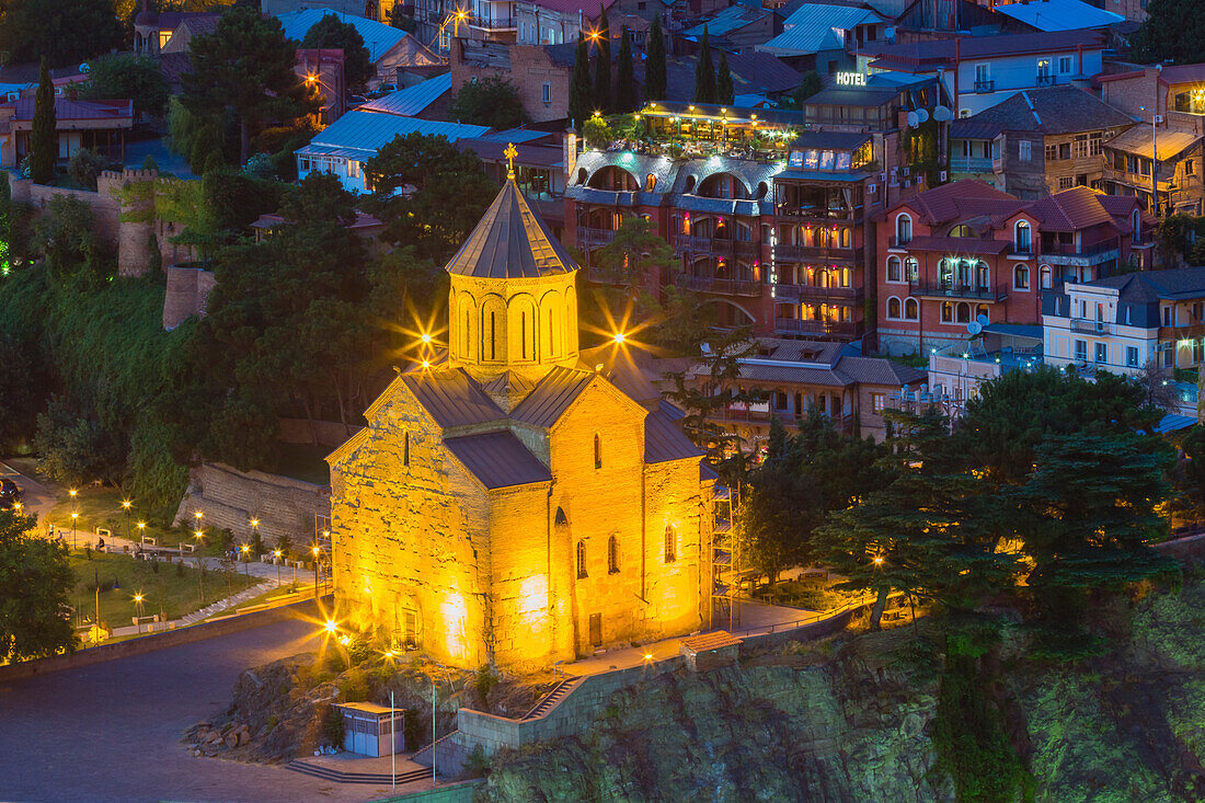 Metekhi St. Virgin Church at twilight, Tbilisi, Georgia, Central Asia, Asia