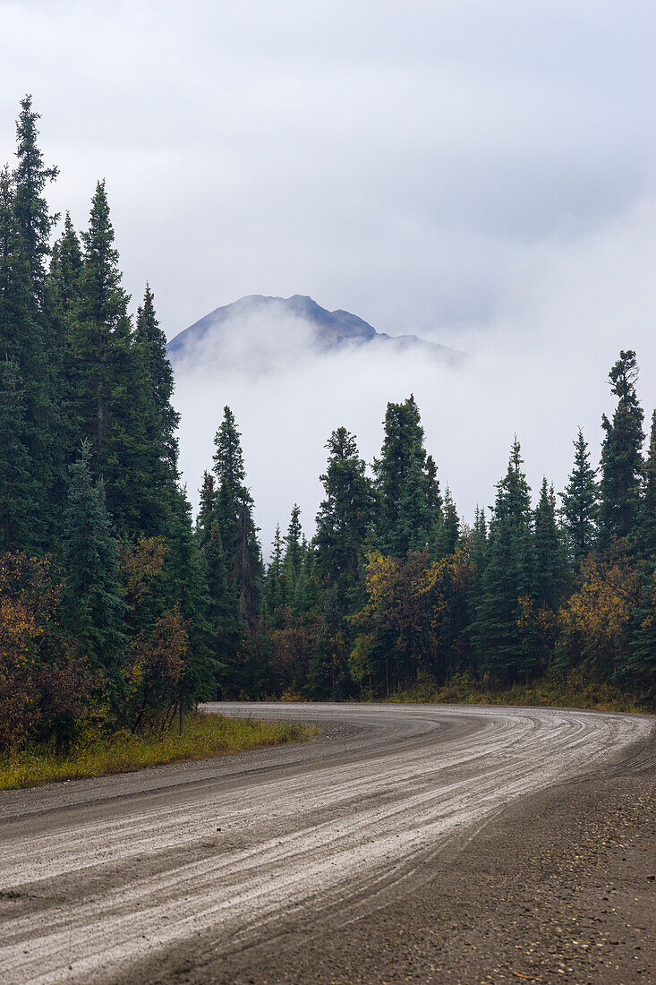 Mountain rising above low-hanging clouds at Denali Parks Highway in autumn, near Teklanika River Campground, Denali National Park, Alaska, United States of America, North America