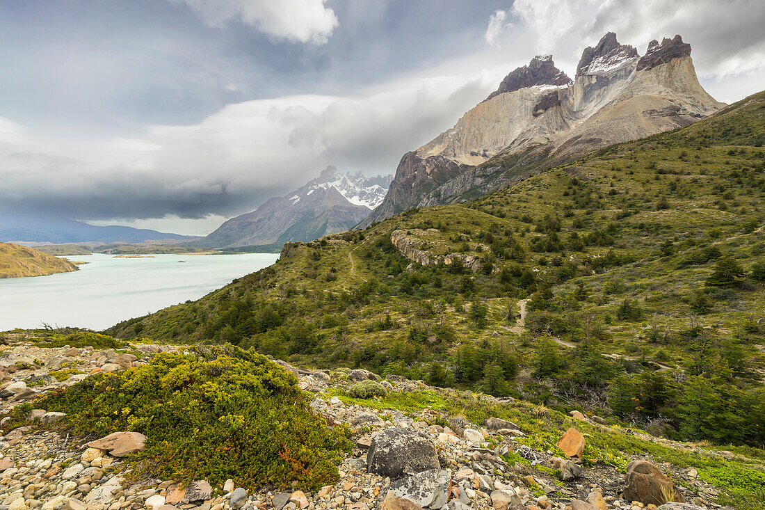 Lake Nordenskjold and peaks of Los Cuernos, Torres del Paine National Park, Patagonia, Chile, South America