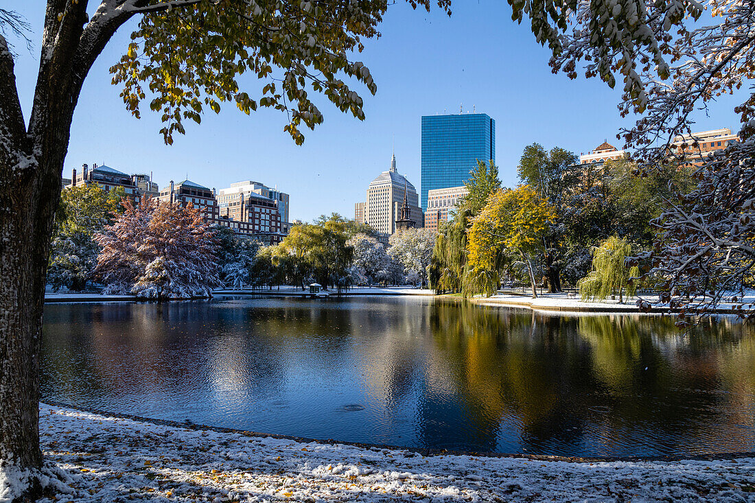 Boston's Public Garden in Autumn snow, Boston, Massachusetts, New England, United States of America, North America