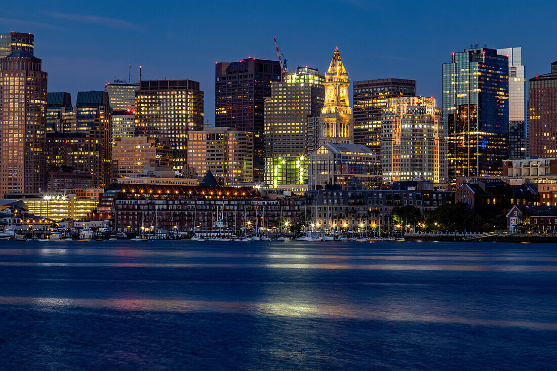 Boston Skyline Waterfront in Lights, Boston, Massachusetts, New England, United States of America, North America