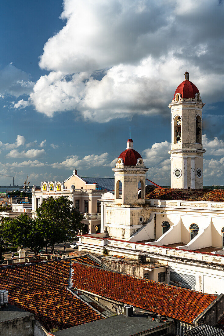 Aerial view of main square with Cathedral, Tomas Terry Theatre and port behind, Cienfuegos, UNESCO World Heritage Site, Cuba, West Indies, Caribbean, Central America