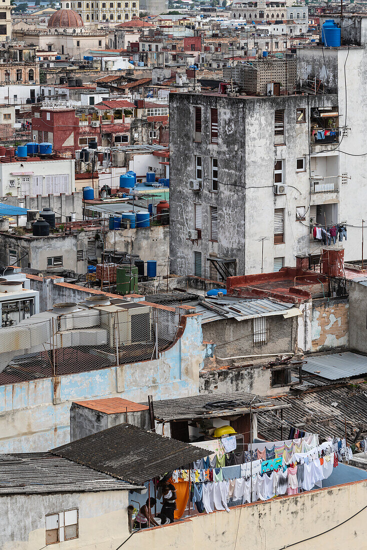 Aerial view across Old Havana with washing out to dry in foreground, Havana, Cuba, West Indies, Caribbean, Central America